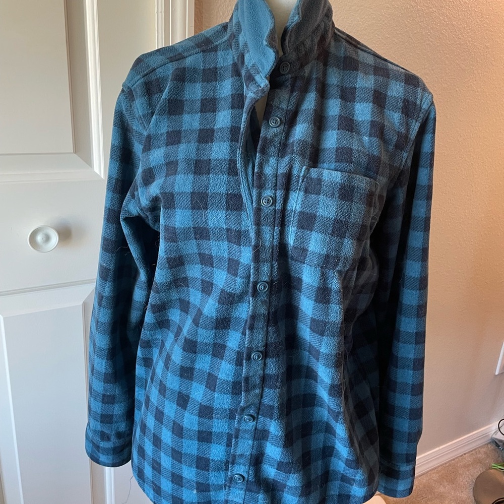 L.L.Bean Teal and Charcoal Plaid Fleece Jacket